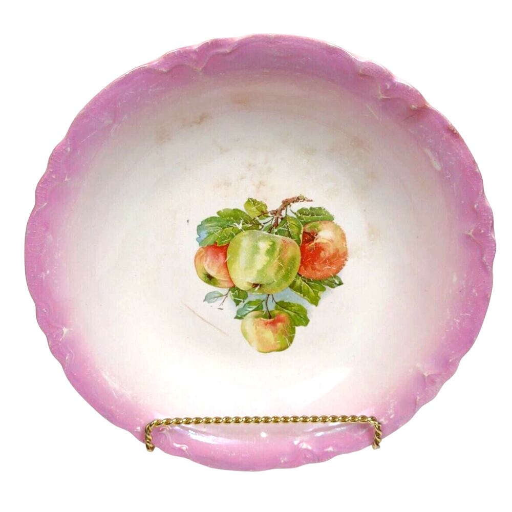 Antique Scalloped Edge Deep German Serving Bowl with Apples Pears 9.5"